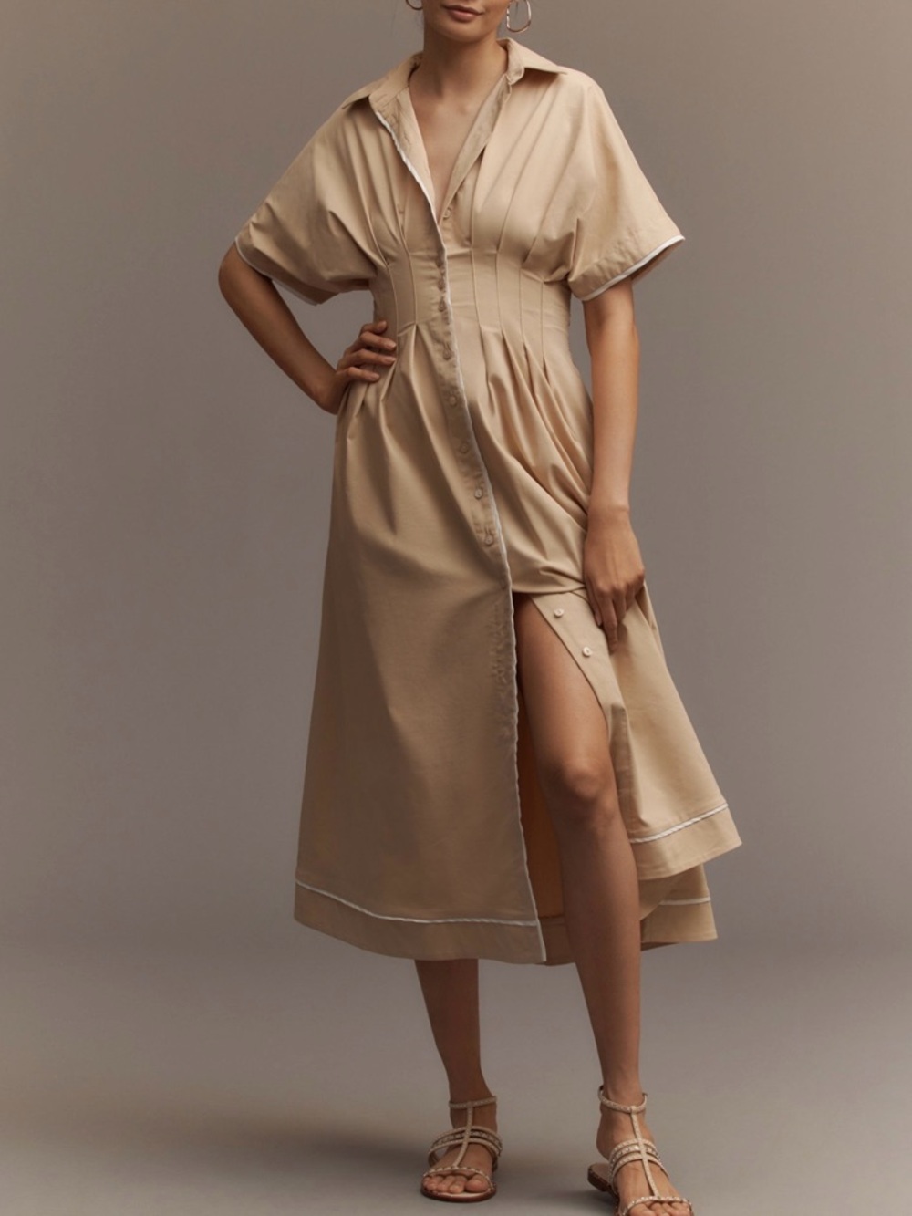 The Tobie Beige Button-Front Pleated Midi Shirt Dress
